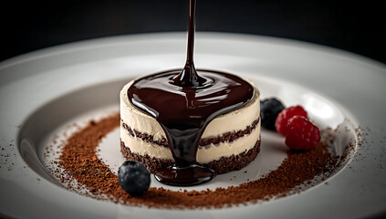molten dark chocolate poured over layered mousse cake 4k ultra realistic dessert photography