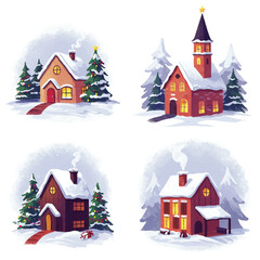 Four charming illustrations of snow-covered houses and a church, evoking a winter holiday scene.
