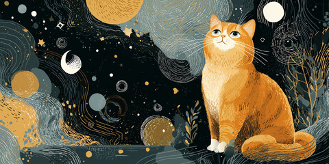 Orange cat gazing at a cosmic night sky filled with moons, stars, and swirling patterns
