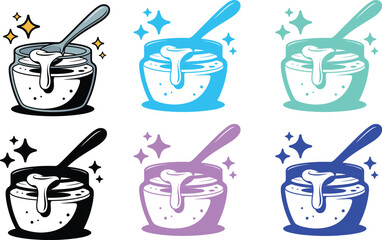 Illustration of a jar of red jam with a spoon and sparkles for food blog and recipe site