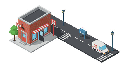 Obraz premium Isometric mail delivery scene with post office and delivery van on city street