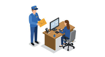 Office mail delivery scene with mail carrier and employee in isometric style