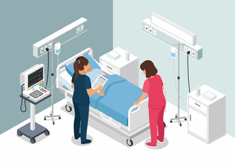 Two nurses in scrubs attend to a patient in a modern hospital room, checking a chart by the bed with an IV drip and EKG heart monitor