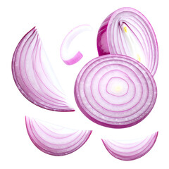 A collection of sliced red onions against a black backdrop, showing layers