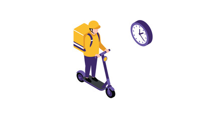 Isometric delivery person on scooter with clock symbolizing timely service