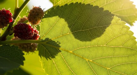 Sunlight Pierces Through Vibrant Mulberry Foliage and Ripe Berries Creating Visual Delight