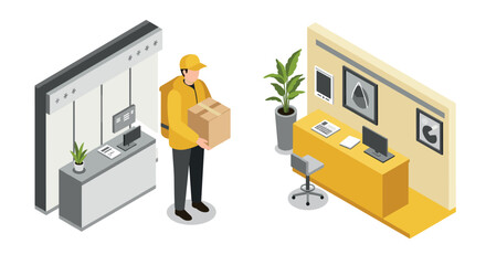 Isometric office workspace with delivery person holding package and modern interior