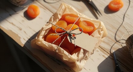 Sunlight-Kissed Dried Apricots In A Kraft Paper Gift Box With Decorative Twine