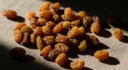 Sunlight-Kissed Raisins Scattered on a Textured Surface Showcasing Texture and Details