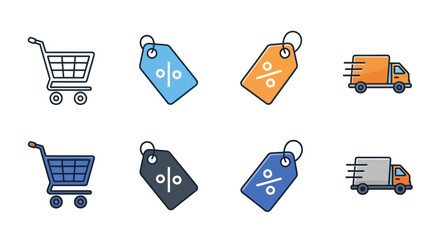 Shopping cart, sale tags, and delivery truck icons representing online retail and discount offers