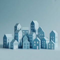 Miniature paper houses in soft blue tones form a minimalist cityscape, symbolizing serene community living and real estate concepts within an idyllic residential development showcased in studio light.