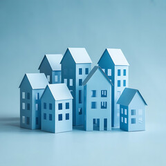 Miniature paper houses in soft blue tones form a minimalist cityscape, symbolizing serene community living and real estate concepts within an idyllic residential development showcased in studio light.