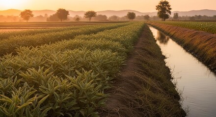 Sunlit Agricultural Vista: Tranquil Fields and Waterway Embrace Golden Hour