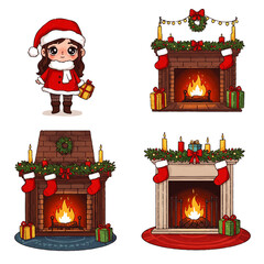 A cute cartoon girl in a Santa outfit holds a gift, with three festive fireplaces decorated for Christmas.