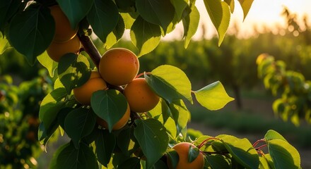 Sunlit Apricot Branch Laden With Ripe Fruit in Orchard Environment
