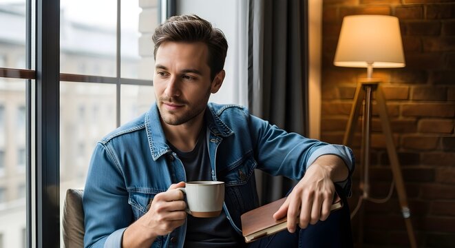 Young man enjoying coffee and a book in a cozy and comfortable home environment