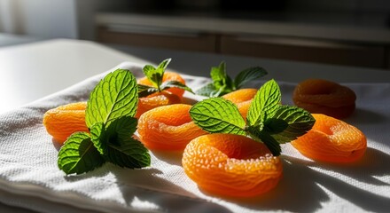 Sunlit Apricots and Fresh Mint: A Wholesome Arrangement on a White Surface