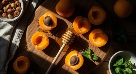 Sunlit Apricots and Nuts Arranged on a Wooden Board with Honey and Herbs
