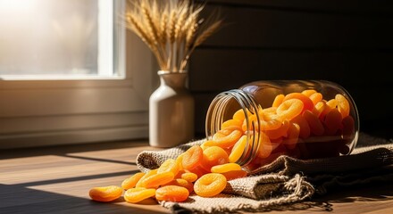 Sunlit Apricots Spill From a Jar Near a Window and A Rustic Wheat Display
