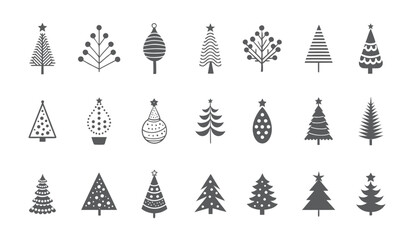 Collection of Various Artistic Minimalist Christmas Tree Icons in Gray Scale