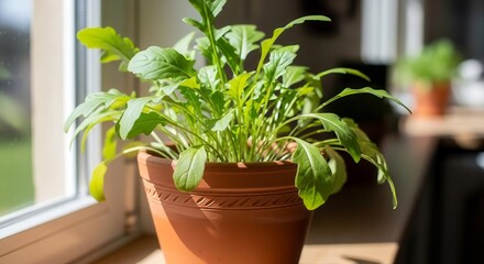 Sunlit Arugula Plant in a Terracotta Pot Resting on a Windowsill at Home