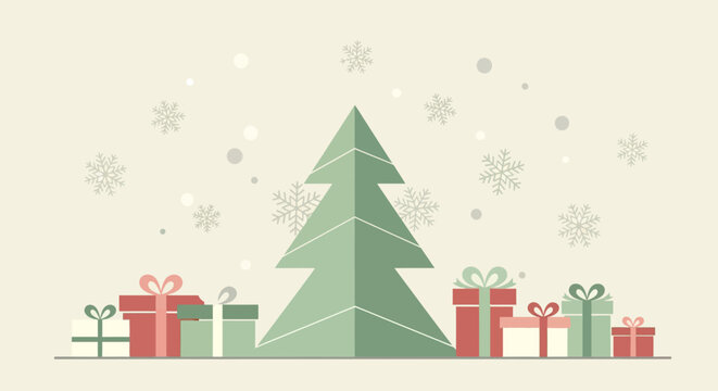 A minimalist flat illustration of a festive Christmas tree surrounded by wrapped presents and falling snowflakes