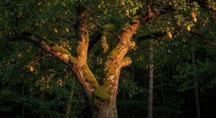 Sunlit Avocado Tree Showcasing Ripe Fruit and Mossy Bark, Nature's Beauty Displayed