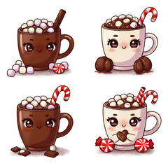 Four cute cartoon mugs filled with hot chocolate, marshmallows, and candy canes, each with unique facial expressions.