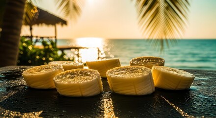 Sunlit Banana Slices Beside The Sea, Tropical Paradise, Exotic Vacation Concept
