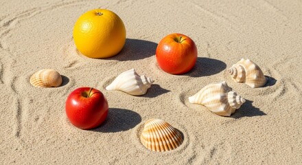 Sunlit Beach Still Life Featuring Delicious Fruit And Exquisite Seashells On Golden Sands