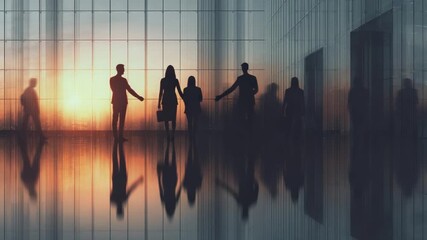 Businesspeople shaking hands at sunset in a modern glass building. Silhouettes of business professionals are seen in the foreground and background against large windows, reflecting the sunset - Powered by Adobe