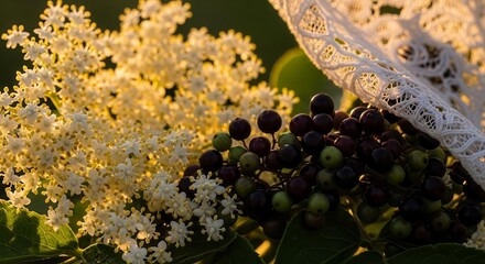 Sunlit Berries and Blossoms with Delicate Lace Create a Pleasant Scene