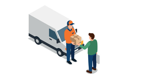 Efficient parcel delivery service isometric concept with courier and customer interaction