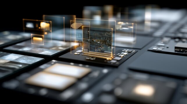 Close-up of multi-layered CPU architecture with augmented reality overlays visualizing data flow and instruction pipelines, highlighting chip-level innovation, microprocessor design analysis, and