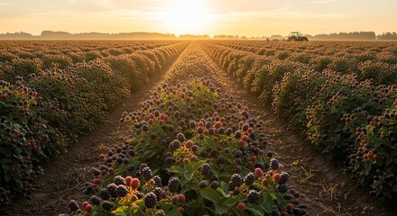 Sunlit Blackberry Field At Sunset With Tractor Silhouette Across The Horizon