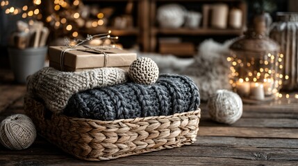 Obraz premium Cozy rustic woven basket with knitted blankets, yarn, and gift box in warm festive home decor setting