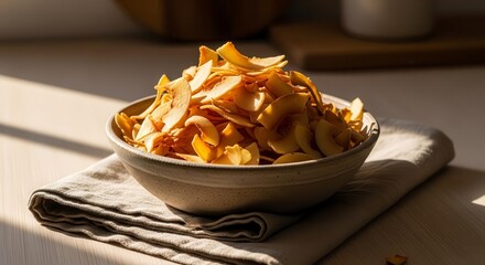 Sunlit Bowl Of Dehydrated Apple Chips Over A Linen Napkin Aesthetic Shot