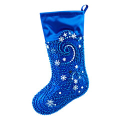 Ornate blue stocking adorned with sparkling white snowflake and swirl designs