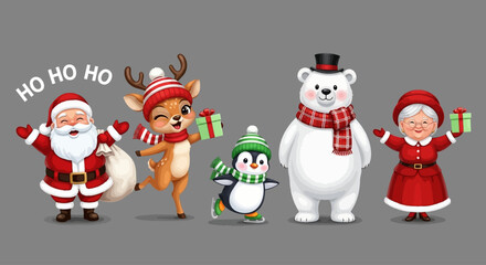Festive Christmas characters including Santa Claus, reindeer, penguin, polar bear, and Mrs