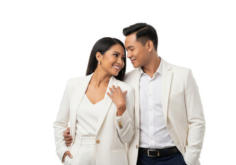 Couple in White Suits Sharing Intimate Moment