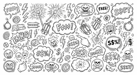 Dynamic vector doodle set showcasing intense anger, frustration, and rebellion with explosive graphics, censored expletives, and protest symbols in a powerful hand-drawn style