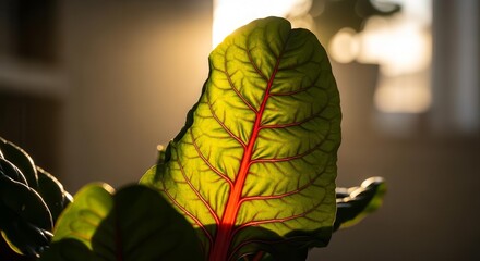 Sunlit Chard Leaf Captures Nature's Delicate Veins with Golden Light Perfectly