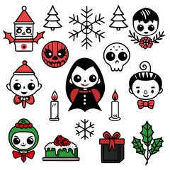 Spooky Dark and gothic Christmas Icon Set. Halloween Inspired Holiday clipart. Vector illustration