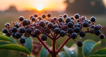 Sunlit Dew-Kissed Berries: A Stunning Sunrise View of Nature's Bounty