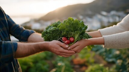 Urban gardener handing fresh vegetables to neighbors outside a community garden, symbolizing sustainable living, local generosity, and sharing healthy resources within neighborhoods. cinematic