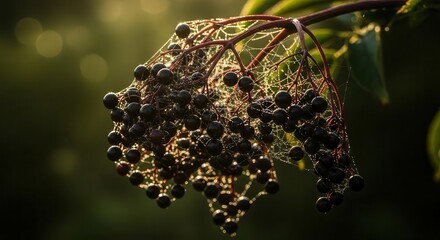 Sunlit Dew-Kissed Berries Entwined Within Delicately Woven Spider Silk Backdrop