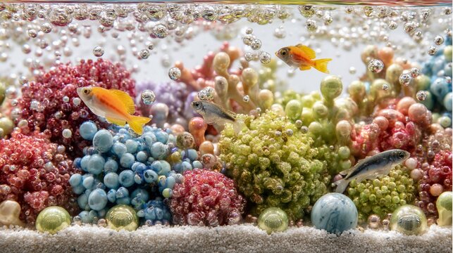 Colorful aquarium with tiny fish swimming among vibrant coral and bubbles
