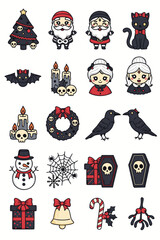 Spooky Dark and gothic Christmas Icon Set. Halloween Inspired Holiday clipart. Vector illustration