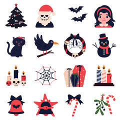 Collection of Spooky Christmas Clipart. Gothic Holiday Elements with Skeletons, Cats, Snowmen. Gothmas vector illustration
