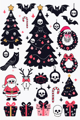 Dark and gothic Christmas Icon Set. Gothmas Halloween Inspired Holiday clipart. Vector illustration